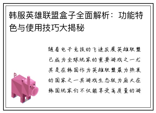 韩服英雄联盟盒子全面解析：功能特色与使用技巧大揭秘